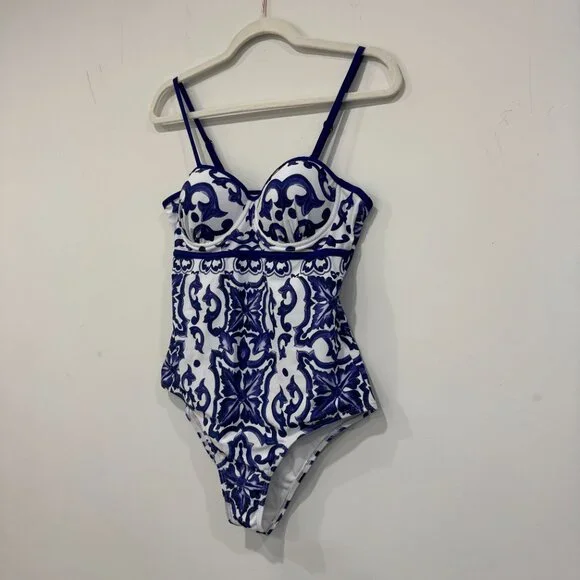 NEW Porcelain Pattern One-Piece Swimsuit and Cover Up Skirt, Size M - Picture 8 of 17